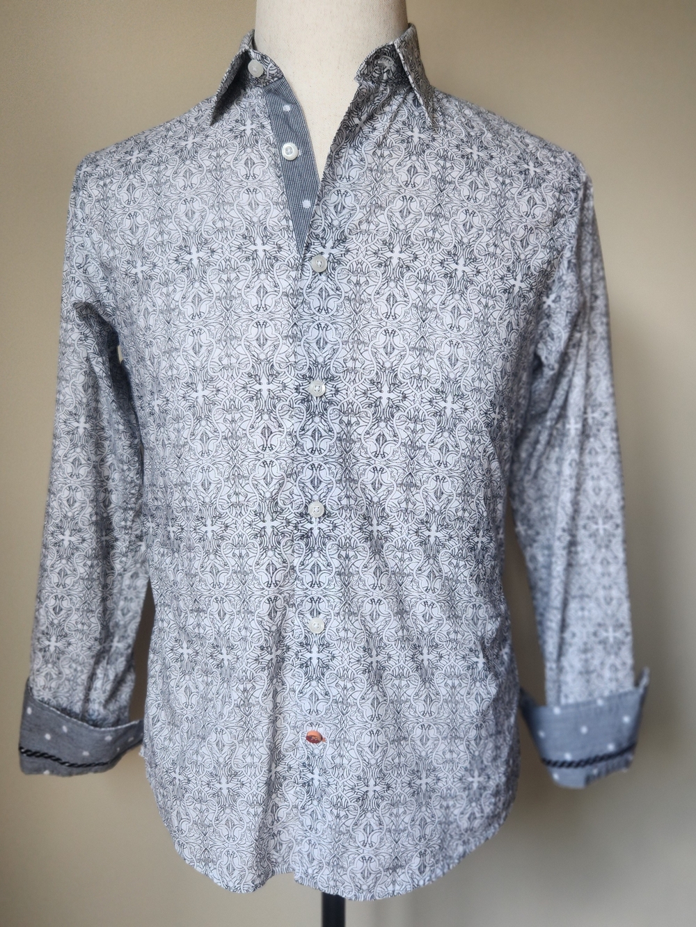 Mens Size Small 14.5 Dress Shirt Grey White Paisley Baroque Geo Tile Flip Cuff
